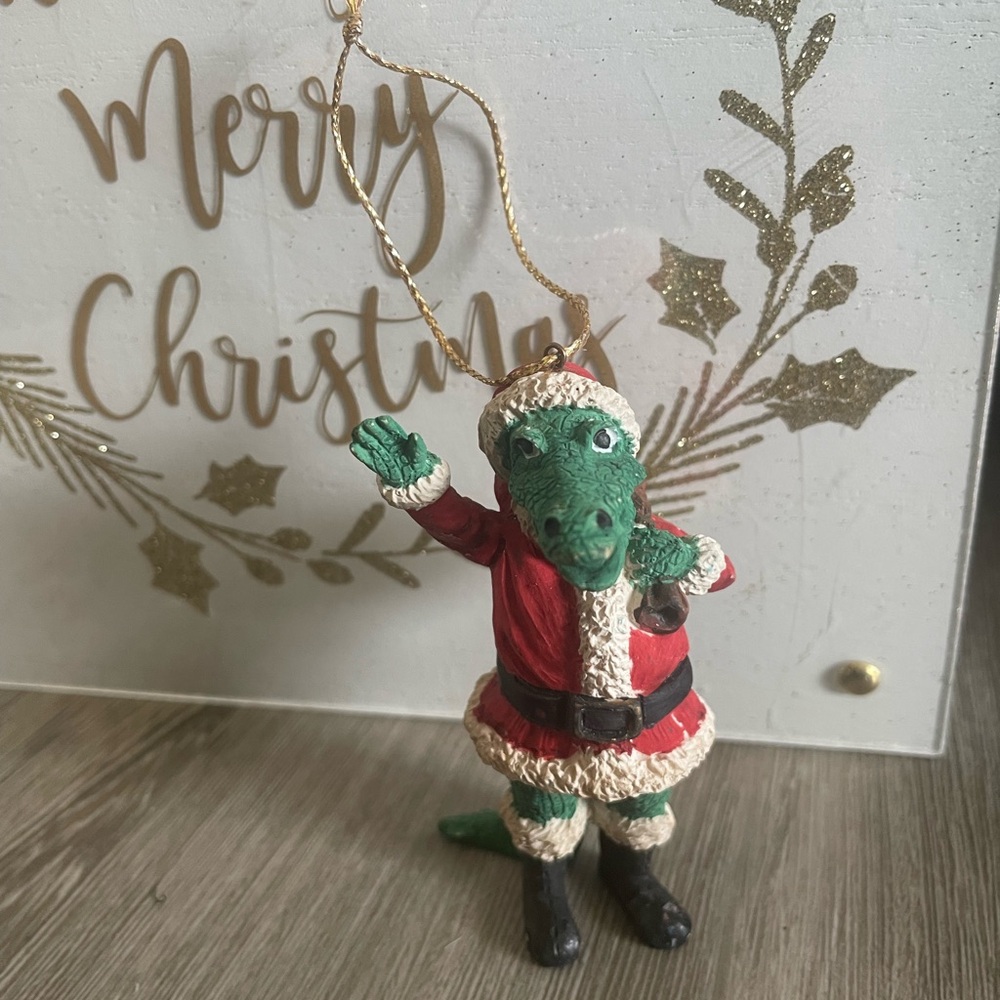 Ceramic Crocodile Alligator Santa Christmas Ornament - Green and Red